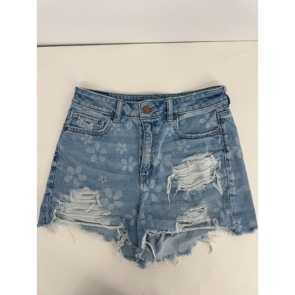 American Eagle Floral Daisy‎ Distressed Denim Shorts High Rise Light Wash Sz 4